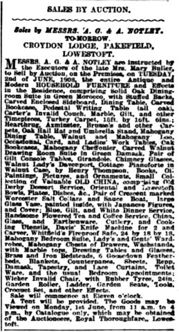 Sale of Contents of Croydon Lodge Eastern Daily Press. 1 June1908
